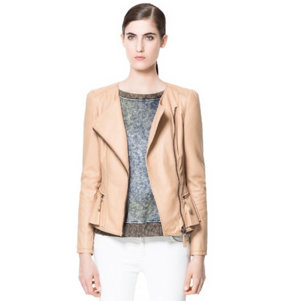 RESERVED ZARA Nude Frill Peplum Leather Jacket